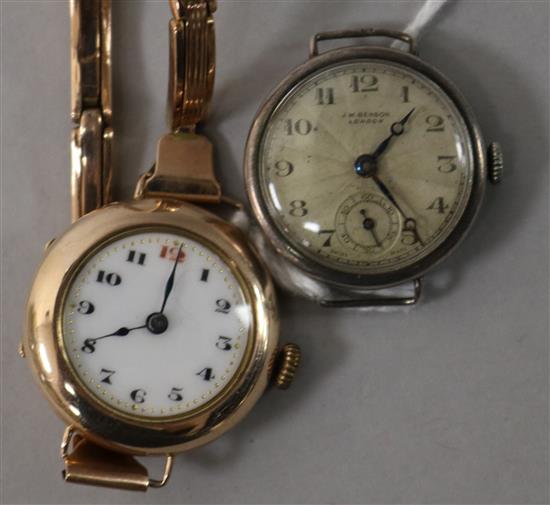 A ladys early 20th century 9ct gold manual wind wrist watch and a J.W.Benson silver wrist watch.